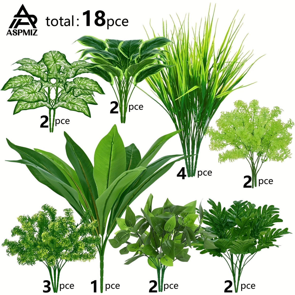 Artificial Boxwood and Greenery Stems, 18-Piece Mixed Set in 11.8 to 17.7-Inch Heights without Planter