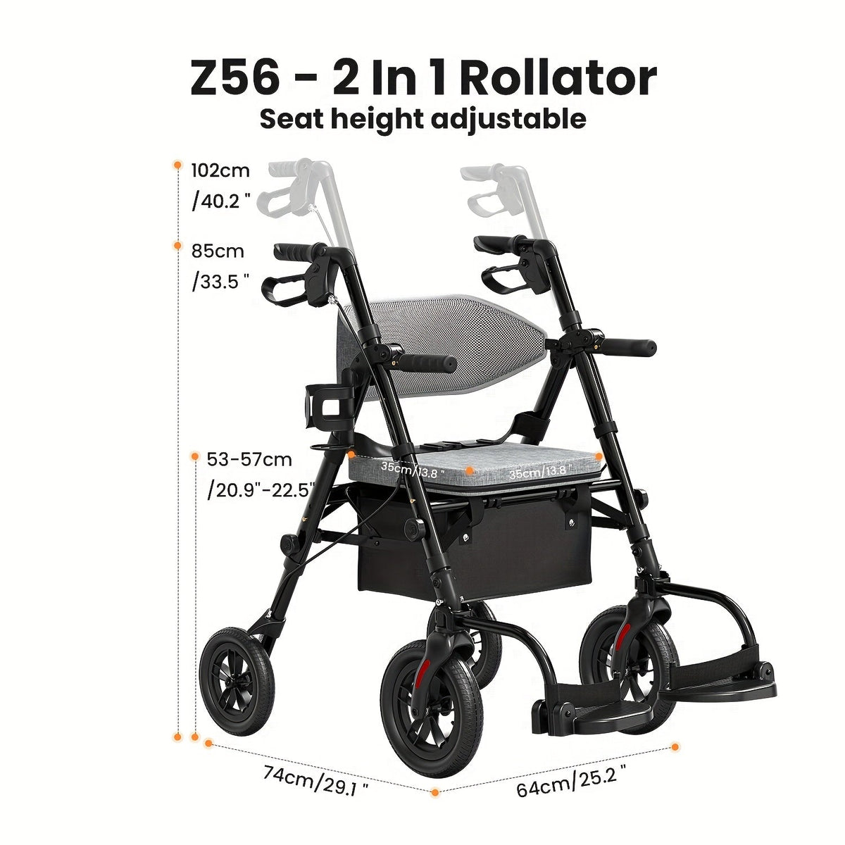 Rollator Walker for Seniors Foldable with 8-Inch Big Wheels, Durable Aluminum Rolling Walker with Backrest & Dual Adjustable Height