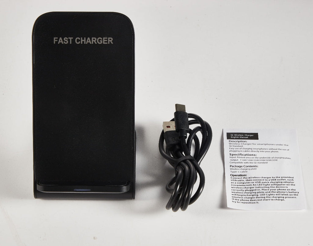 Black Dual-Coil Wireless Charging Stand with Vertical or Horizontal Support and 19 Device Labels
