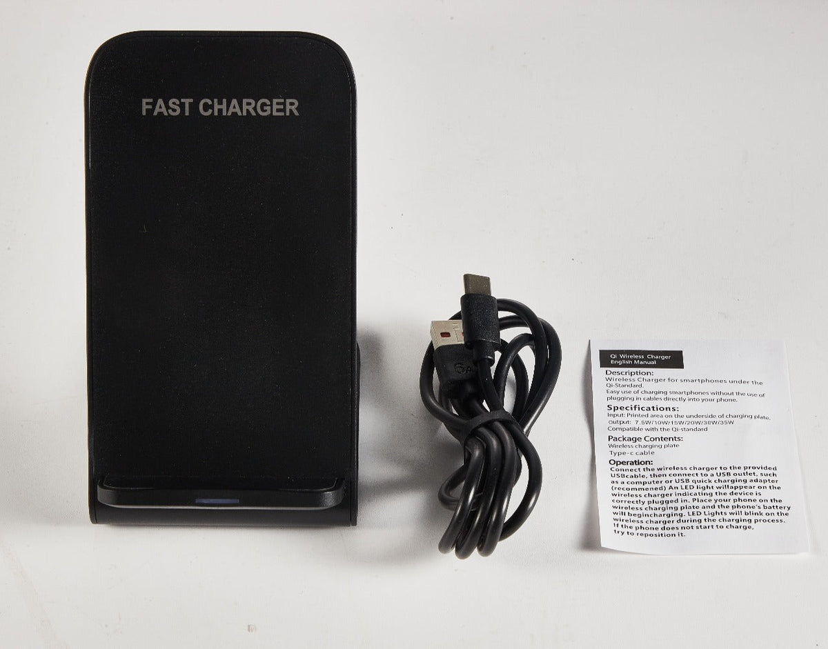 Black Dual-Coil Wireless Charging Stand with Vertical or Horizontal Support and 19 Device Labels