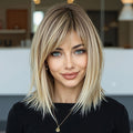 Synthetic Wig 16-Inch Gradient White-Golden Straight Style with Bangs and Adjustable Rose Net Cap