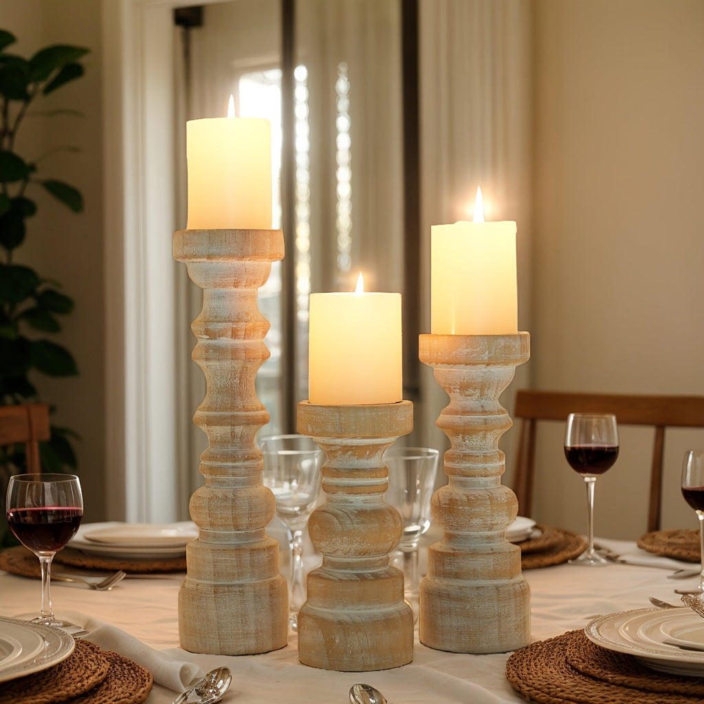 Candle Holder Set of 3 Graduated Brown Wood Pillar Stands with Turned Farmhouse Profiles for Tabletop Displays