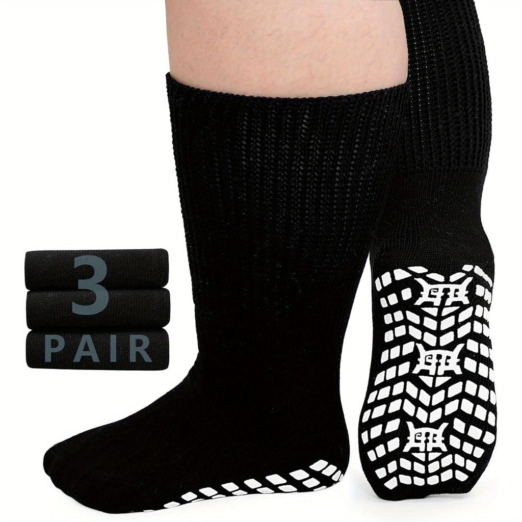 3-Pair Grippy-Sole Wide Sock Set for Adults in Black, White or Grey with 9-13 and 13-15 Size Options