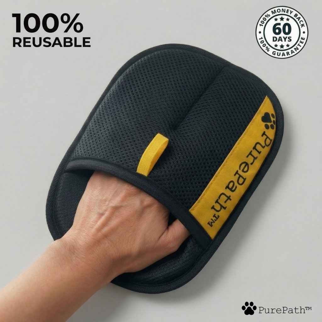 PurePath™ pet hair remover glove worn on hand showing 100% reusable design