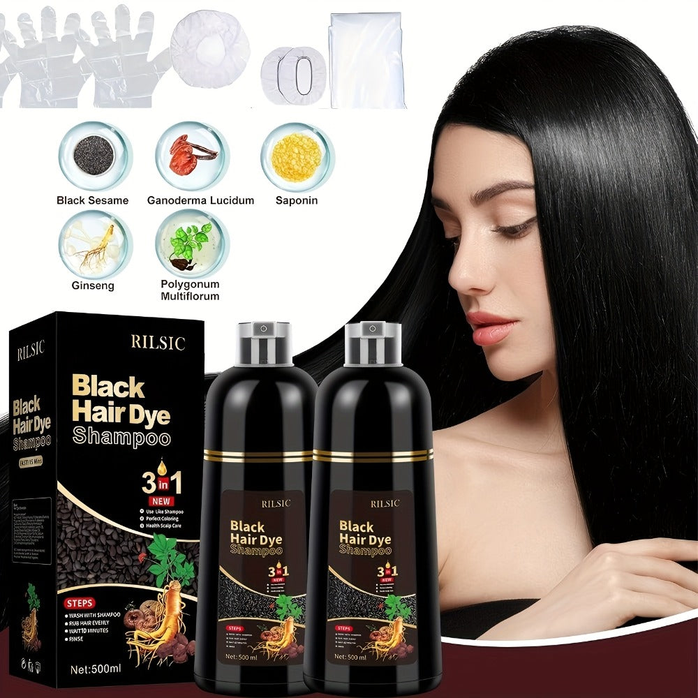 RILSIC 3-in-1 Gray Hair Color Shampoo with Plant Squalene – 100% Gray Coverage Wash & Condition Instant Results, No Mix No Ammonia