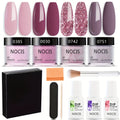 Dip Powder Nail Kit with NOCIS Label, Four Nude Pink Glitter Powders, Three 10ml Liquids and Four Tools