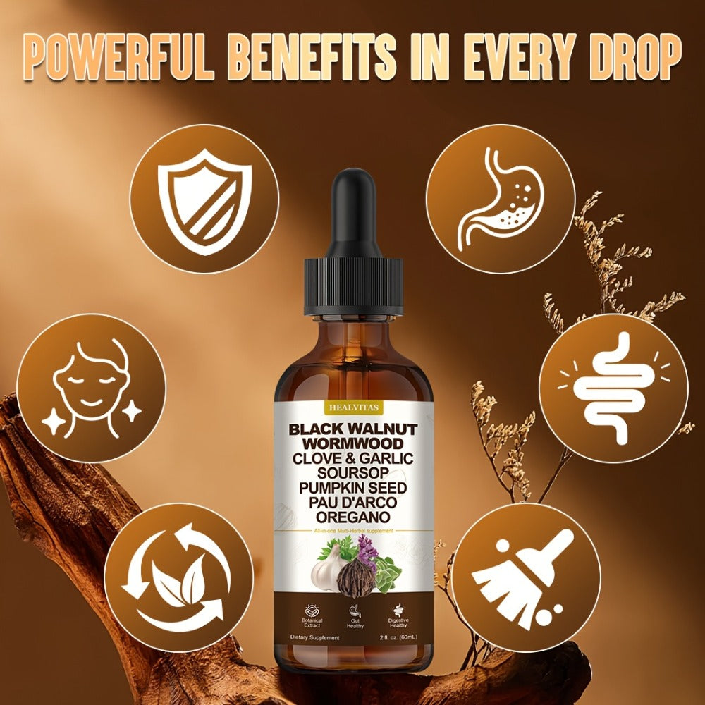 Black Walnut Wormwood Tincture 2 fl oz, Gut Health & Colon Cleanse Herbal Drops with Soursop, Oregano