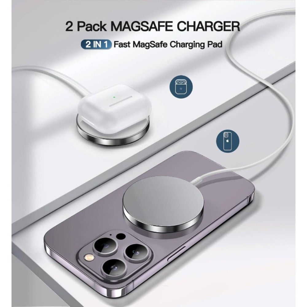 Two-Piece Silver-Tone Magnetic Wireless Charging Pad Set with Round Faces and Pictured USB Cables