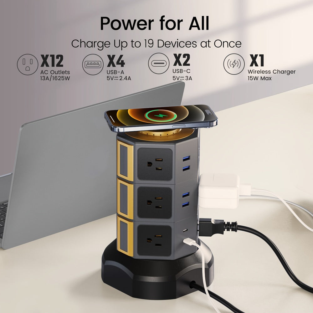 Power Strip Tower with 12 AC Outlets, 4 USB-A, 2 USB-C, 15W Magnetic Wireless Charger and 5.5-Foot Retractable Cord