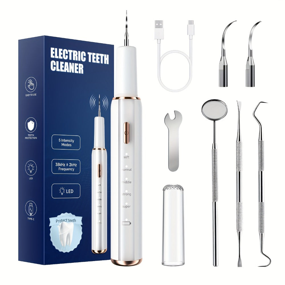 Interdental Plaque Remover with LED Light, Electric Teeth Cleaner, 5 Cleaning Modes, 2 Replacement Heads