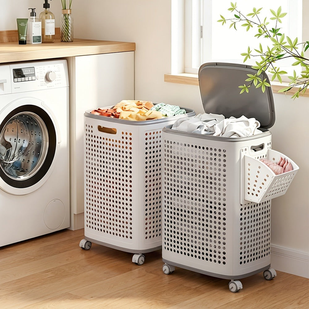 Wheeled Laundry Hamper Large Foldable with Dividers & Dust-Proof Lid – 360° Breathable Mesh Basket on Wheels, Reinforced Steel Base