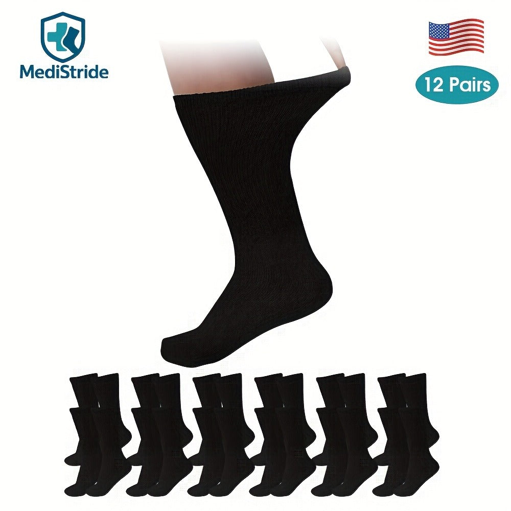 12-Pair Crew-Length Diabetic Sock Set in Six Colors with 9-11, 10-13 and 13-15 Size Options