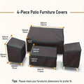 Four-Piece Black Patio Furniture Cover Set for Loveseat, Two Chairs and Coffee Table with Listed Dimensions