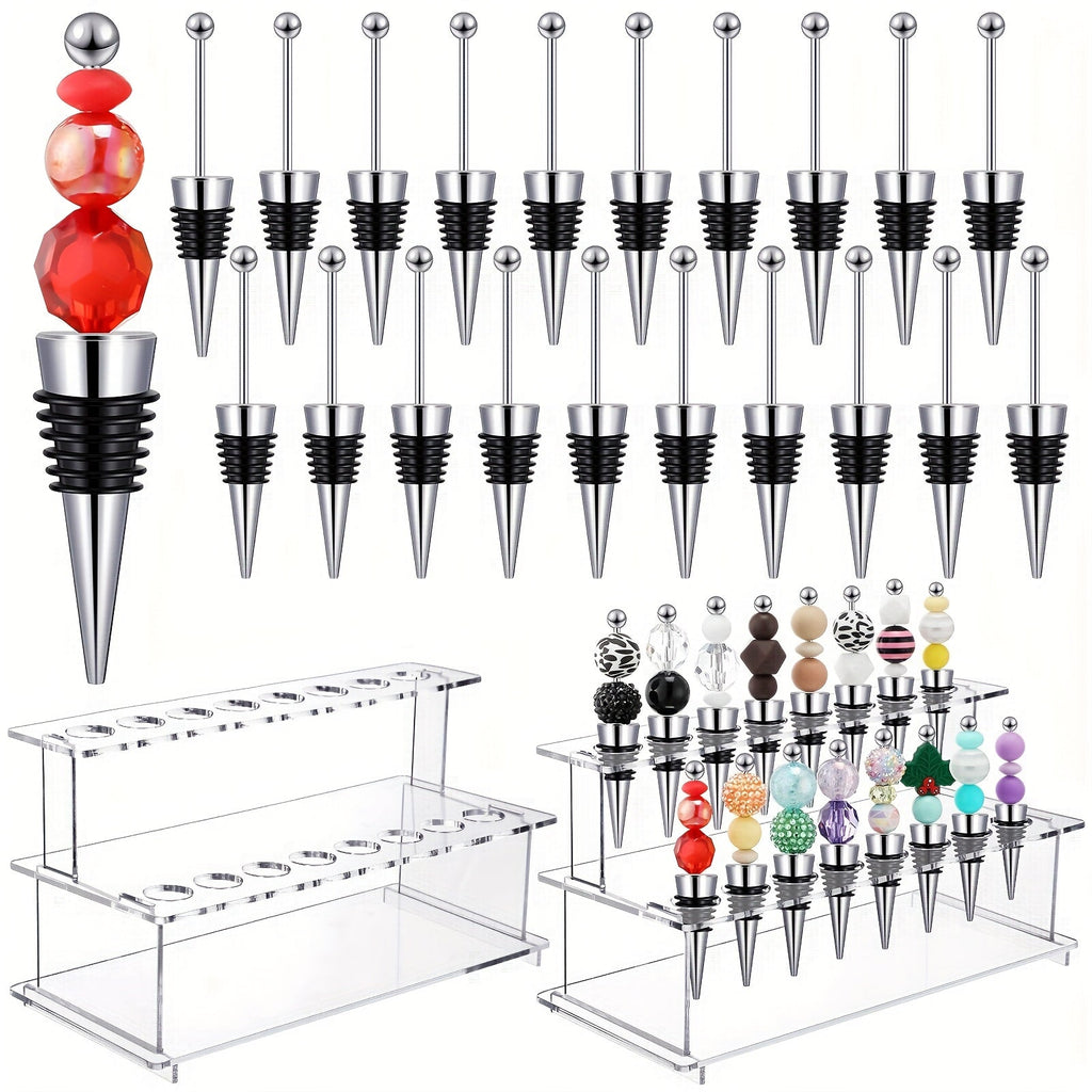 Twenty-Piece Beadable Wine Bottle Stopper Set with Silver-Tone Stems and Clear Two-Tier Display Rack
