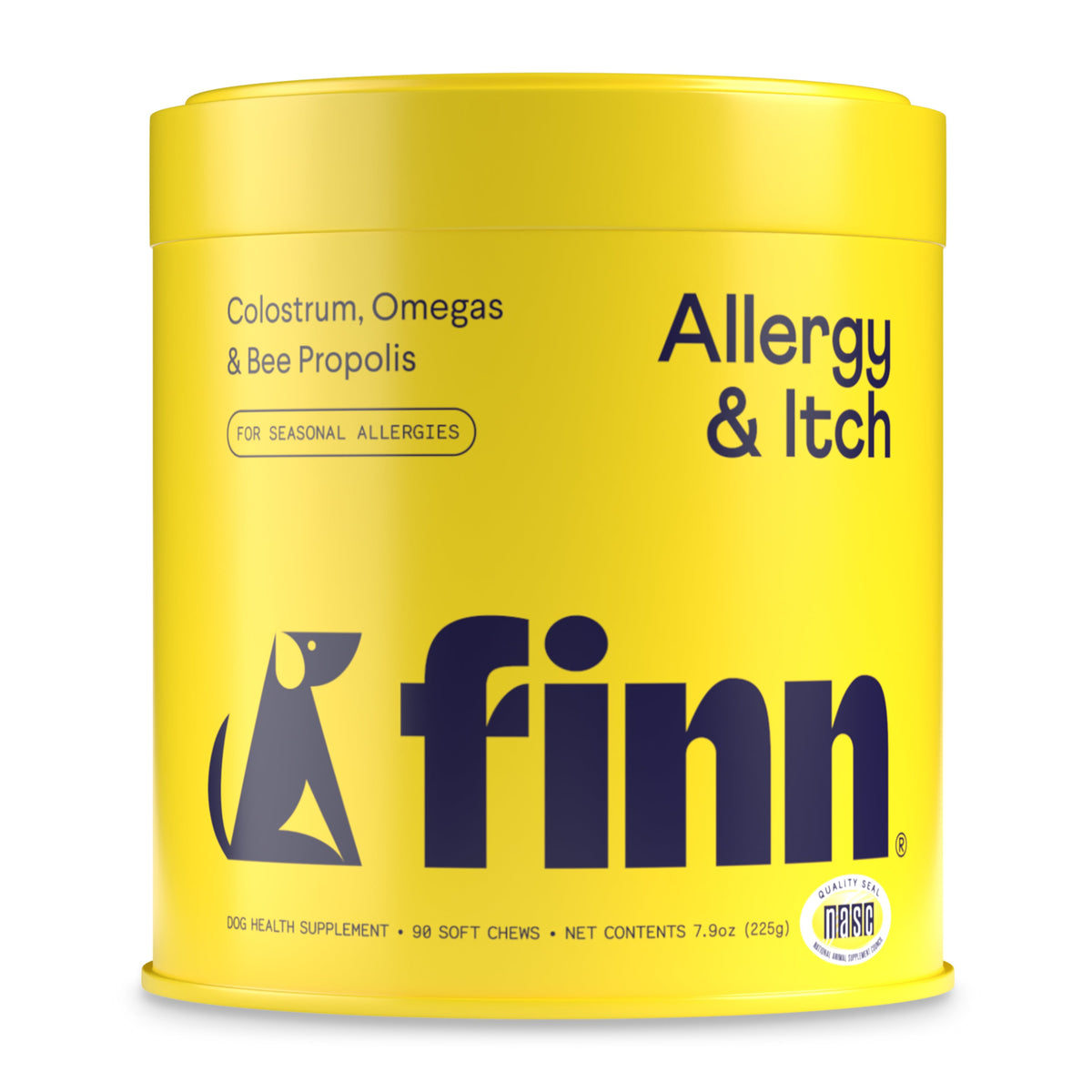 A bright yellow Finn container, labeled Allergy & Itch Supplement For Dogs, offers 98 soft chews (7.9 oz/225g) featuring natural ingredients like colostrum, omegas, and bee propolis to support immune defense against seasonal allergies.