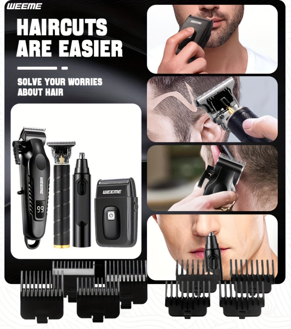 Men's Grooming Kit 4-Piece Set, USB Rechargeable Hair Clipper, Nose Trimmer, Electric Shaver & T9 Detailer with 8 Guide Combs