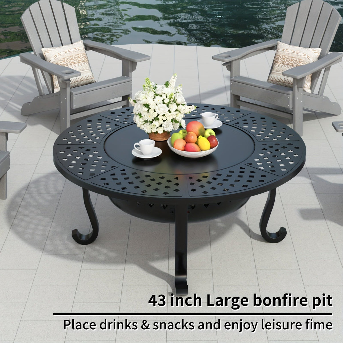 43-Inch Round Fire Pit Table with Two Cooking Grates, Center Lid, Perforated Bowl and Long Poker