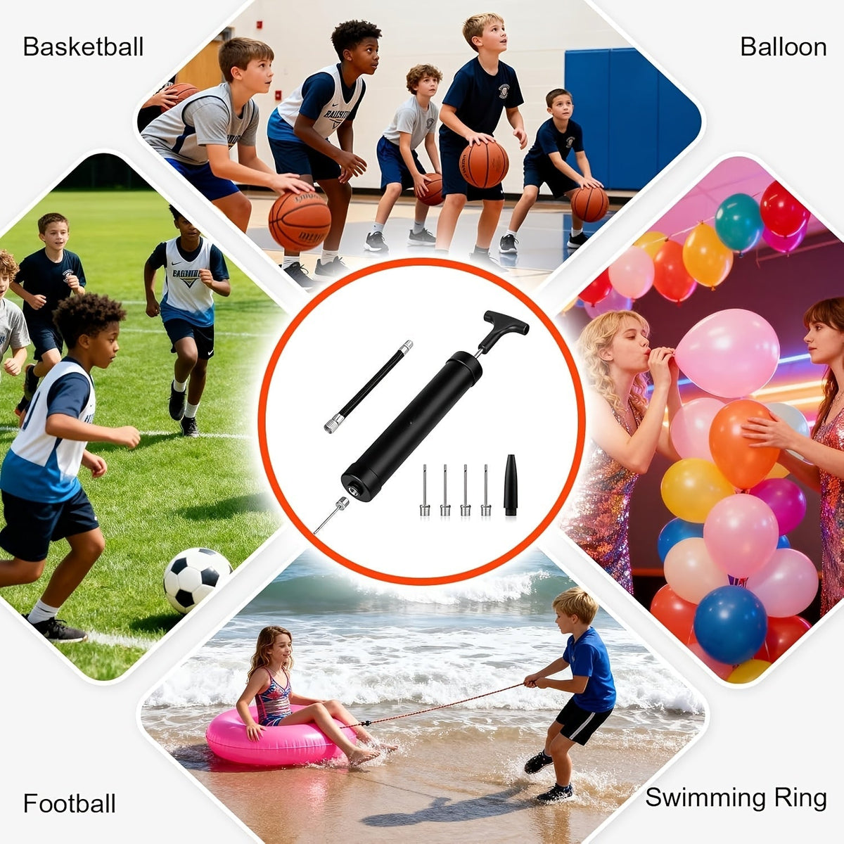 Portable Ball Pump Kit 8 Inch – Manual Air Pump with 5 Needles, Nozzle & Extension Hose for Basketball, Soccer, Football