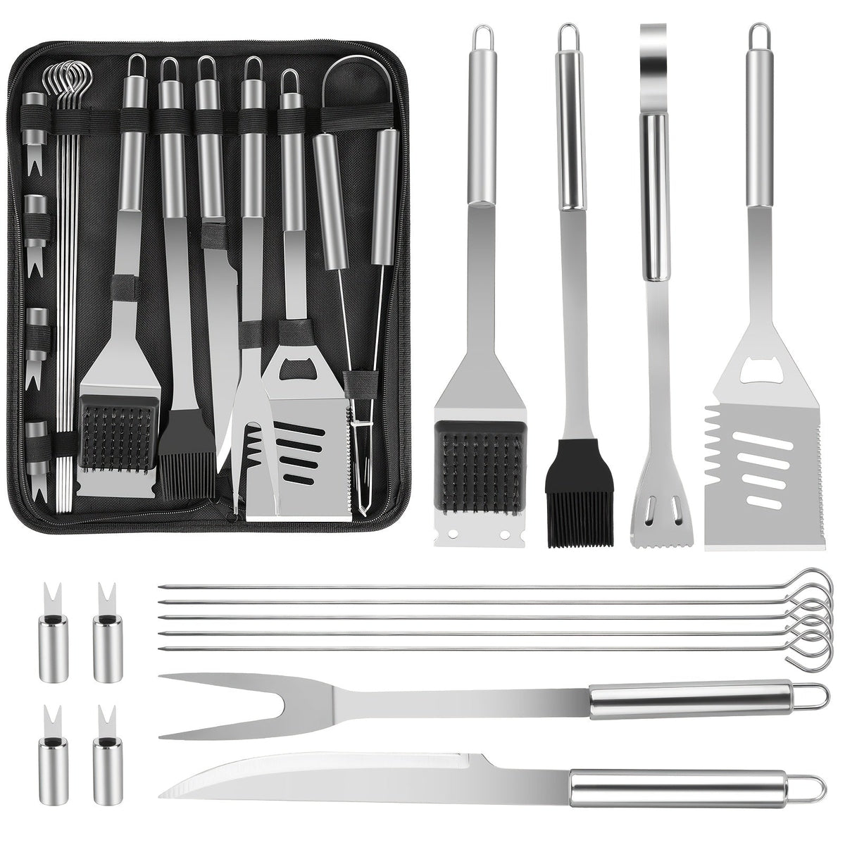 15- or 24-Piece BBQ Tool Set with Spatula, Tongs, Forks, Skewers, Brushes and Carry Case Pictured