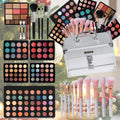 Portable Makeup Case Set with Fold-Out Color Palettes, Brush Collection and Silver or Leopard-Print Case Options