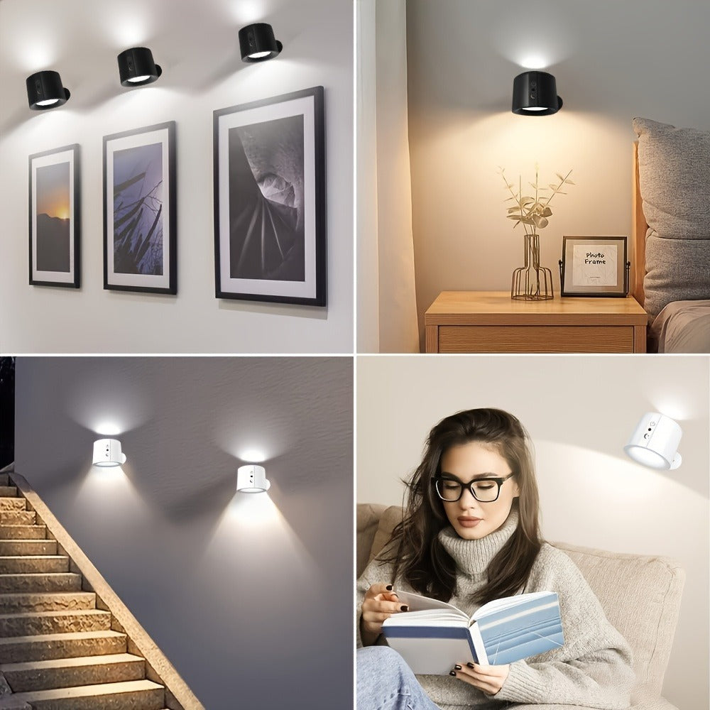 USB Rechargeable LED Wall Light 2 Pack, 360° Rotating Magnetic Ball Touch Control Reading Lamp with 3 Color Temps