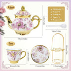 20-Piece Floral Ceramic Tea Set with Saucers & Metal Stand, European Afternoon Tea Service, Blooming Design