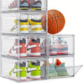 Six-Pack Clear Stackable Shoe Display Boxes with Magnetic Front Doors in Black or White for Closets
