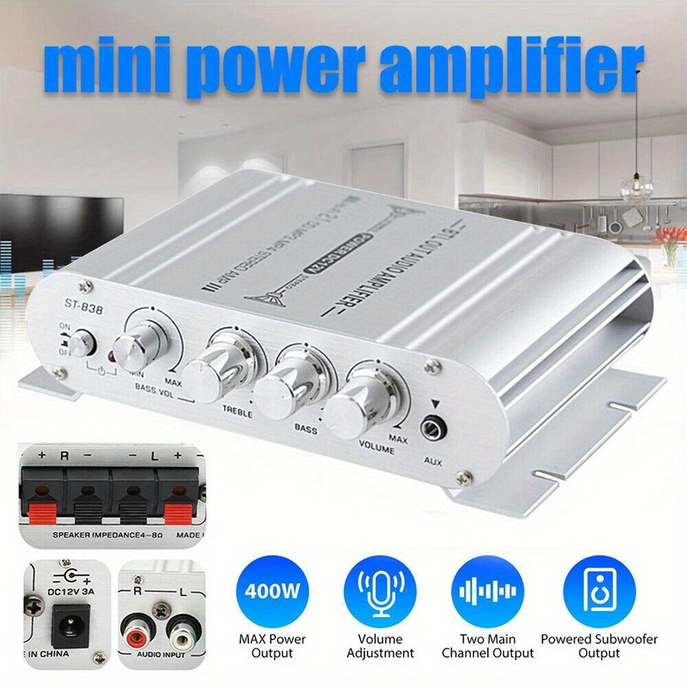 400W Car Audio Amplifier 2.1 Channel 12V Vehicle Sound System Stereo Bass Booster with Aluminum Alloy Housing