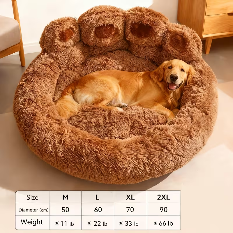 Bear-Paw Round Plush Pet Bed in Coffee, Pink or Gray with Four Weight-Labeled Size Options