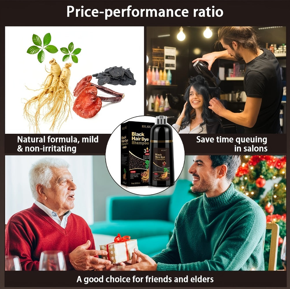 Grey Hair Dye Shampoo 3-in-1 Natural Plant-Based Herbal Formula – Non-Stick Scalp, Covers White Hair in Minutes, 500ml – Black, Dark Brown