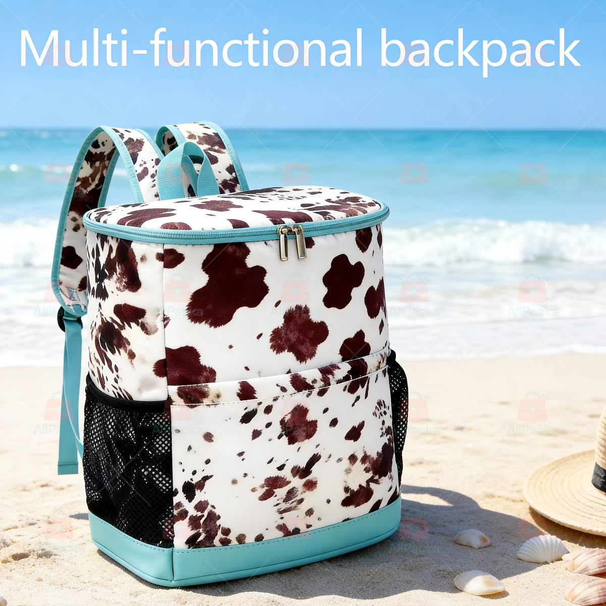 Insulated Cooler Backpack 30-Can Capacity, Leopard Print Portable Lunch Bag with Mesh Side Pockets & Adjustable Straps