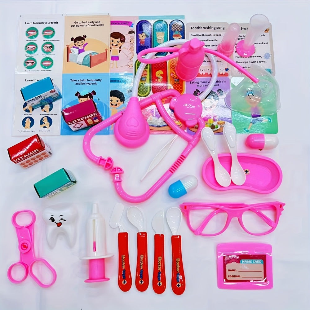 Pink Doctor Pretend Play Toy Set 40pcs for Girls, Simulation Nurse Kit with Stethoscope Injection Dental Tools