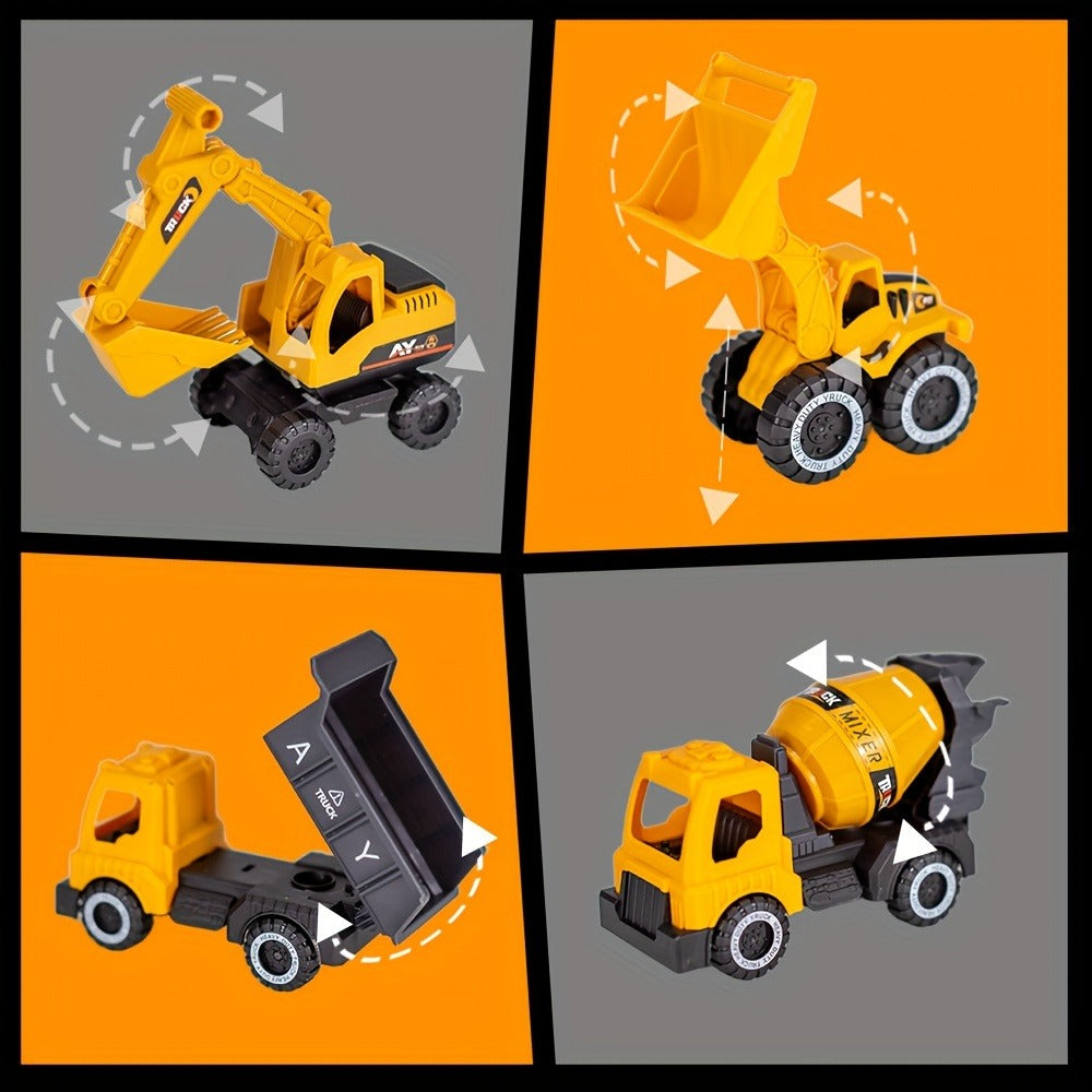 4-Piece STEM Construction Toy Vehicle Set for Toddlers, Shatterproof Excavator Mixer Dump Truck Bulldozer