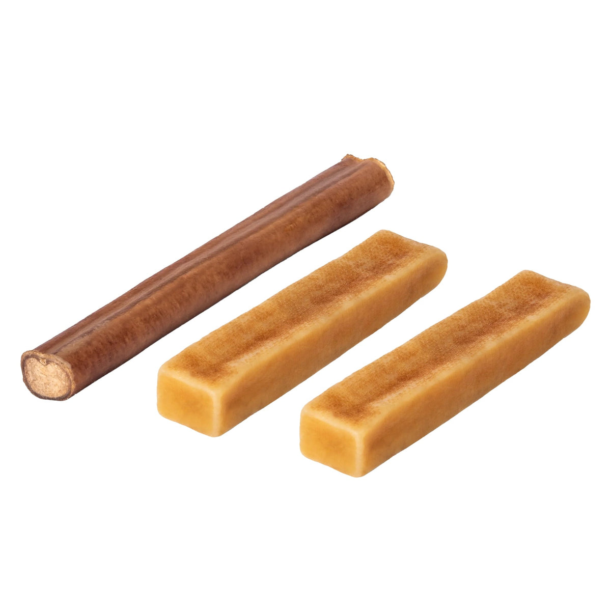 Top view of gift bundle with one 6 inch hickory smoked bully stick and two large yak chews on a white background