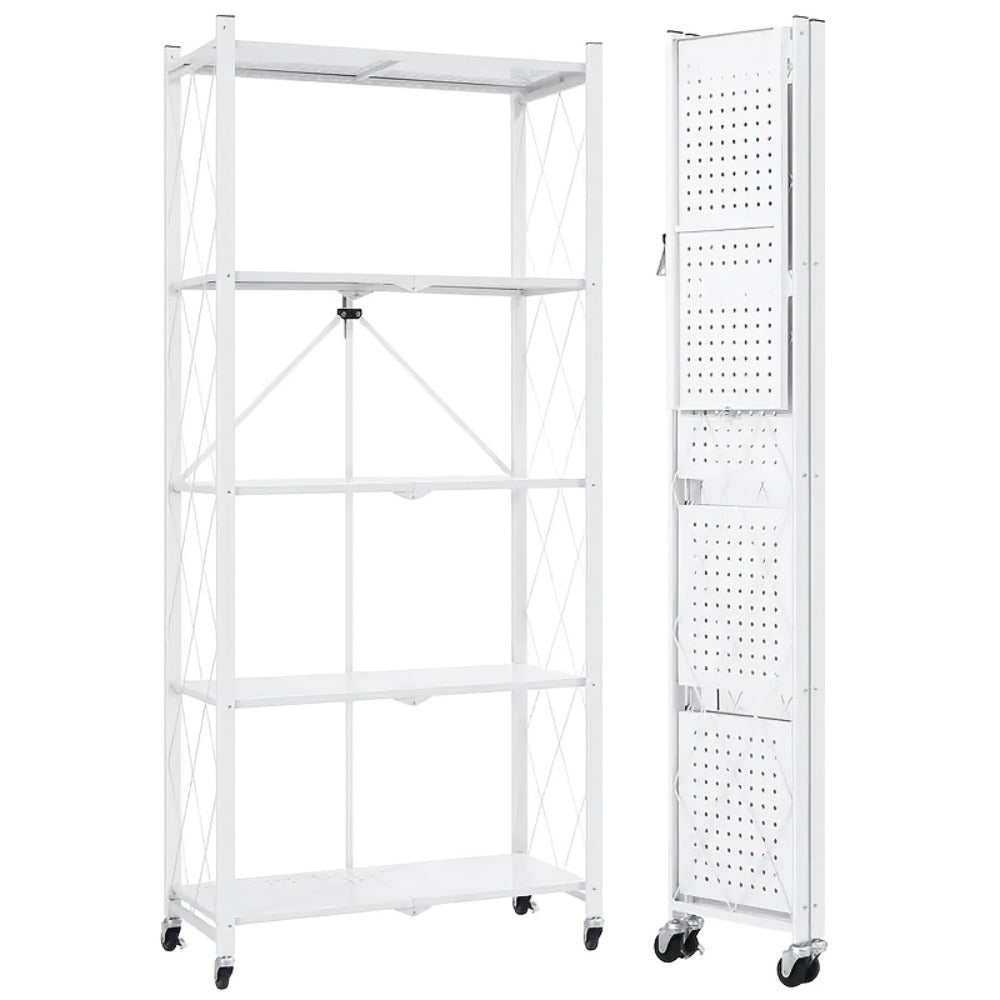 Three-to-Five-Tier Wheeled Storage Rack with Foldable Shelves and Black or White Configurations