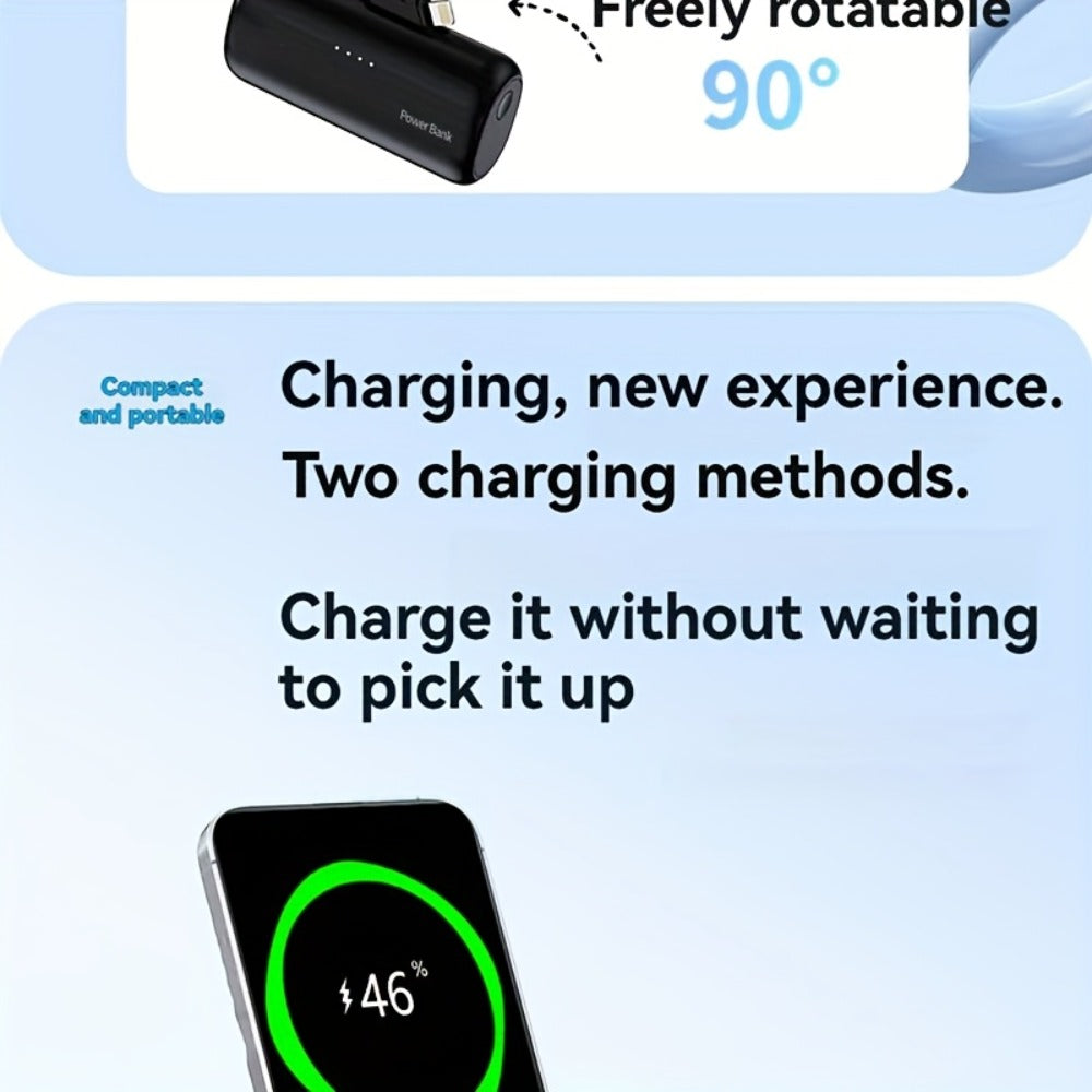 Power Bank 5000mAh Mini with Built-In 2-in-1 Lightning/USB-C Plug and 18.5W Listed Output in Black or Pink