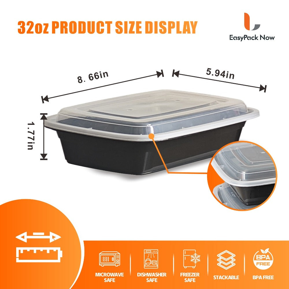 Storage Containers with Lids, 100-Piece Black Meal Prep Set with 50 Boxes, 50 Lids and 32 oz Capacity