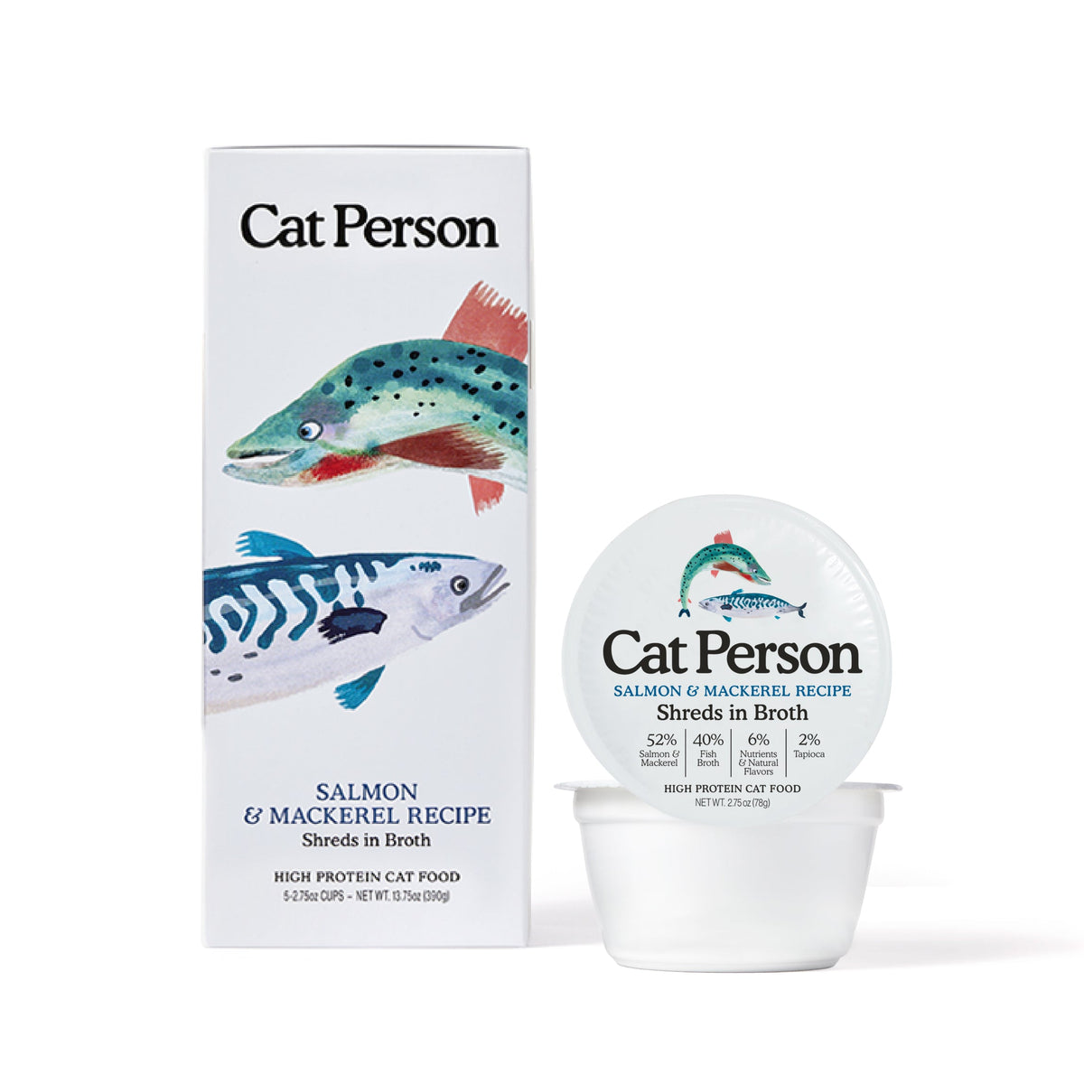 A box and cup of Cat Person Salmon & Mackerel Shreds in Broth cat food, featuring salmon and mackerel illustrations on the packaging, with clear nutritional details offering balanced nutrition for cats.