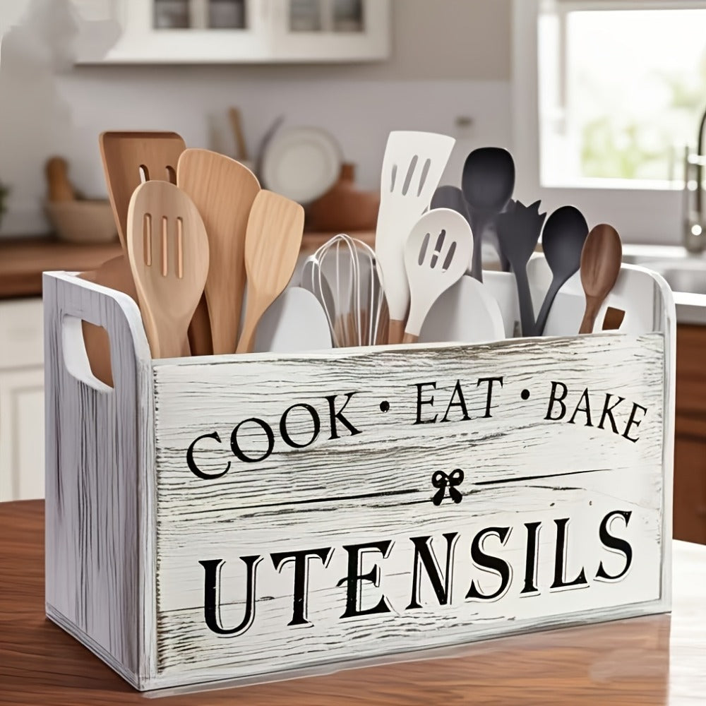 Kitchen Utensil Organizer – Extra Large Rustic Wooden Utensil Holder with 3 Compartments, Countertop & Wall Mounted Storage Rack for Cooking