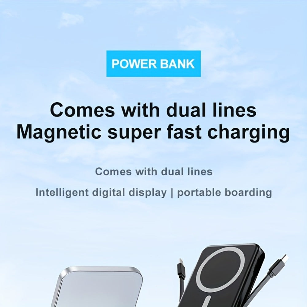 Magnetic Power Bank 10000mAh USB-C Fast Charging, Built-in Cable, Charges 5 Devices & Laptops Simultaneously