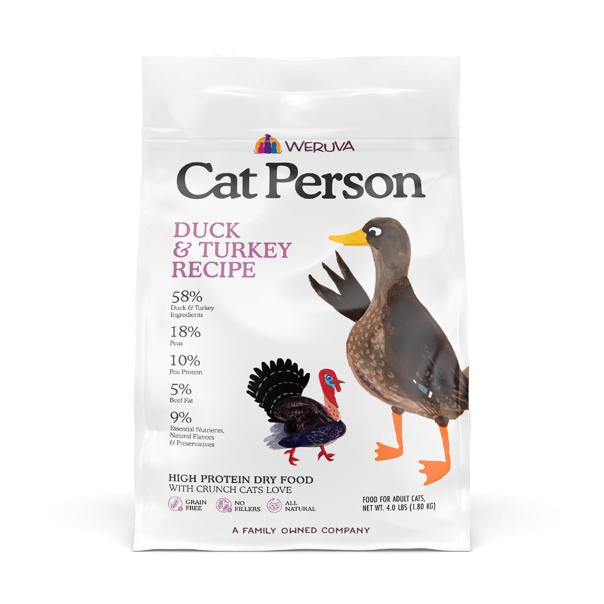 A white bag of Cat Person Duck & Turkey Dry Food, a high-protein cat food, featuring illustrated duck and turkey images. The packaging highlights protein content and key nutritional details.