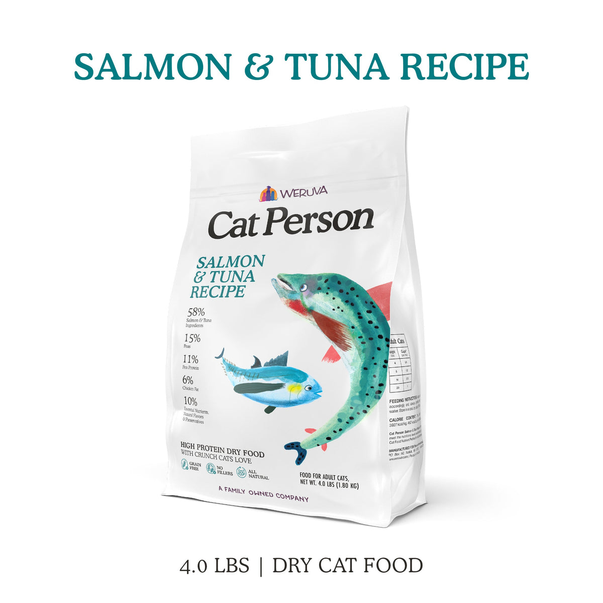 A 4 lb white bag of Cat Person Salmon & Tuna Dry Food features salmon and tuna illustrations and highlights its high protein, grain-free recipe for healthy cats.