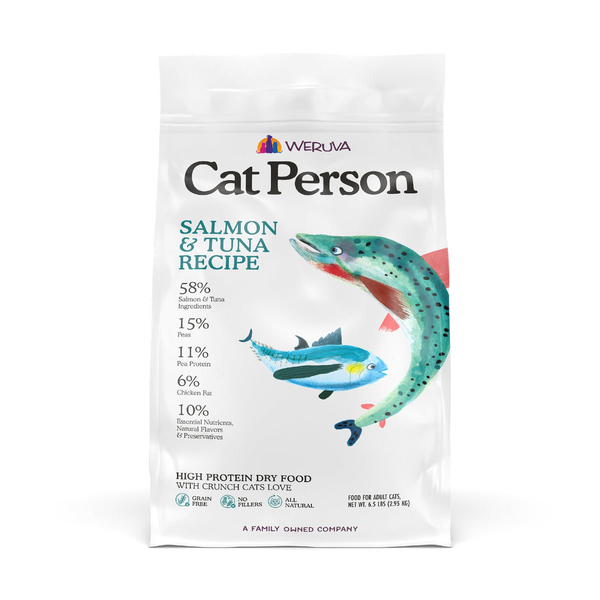 A white bag of Cat Person Salmon & Tuna Dry Food displays a salmon and tuna illustration, nutritional highlights, and the Cat Person logo at the top.