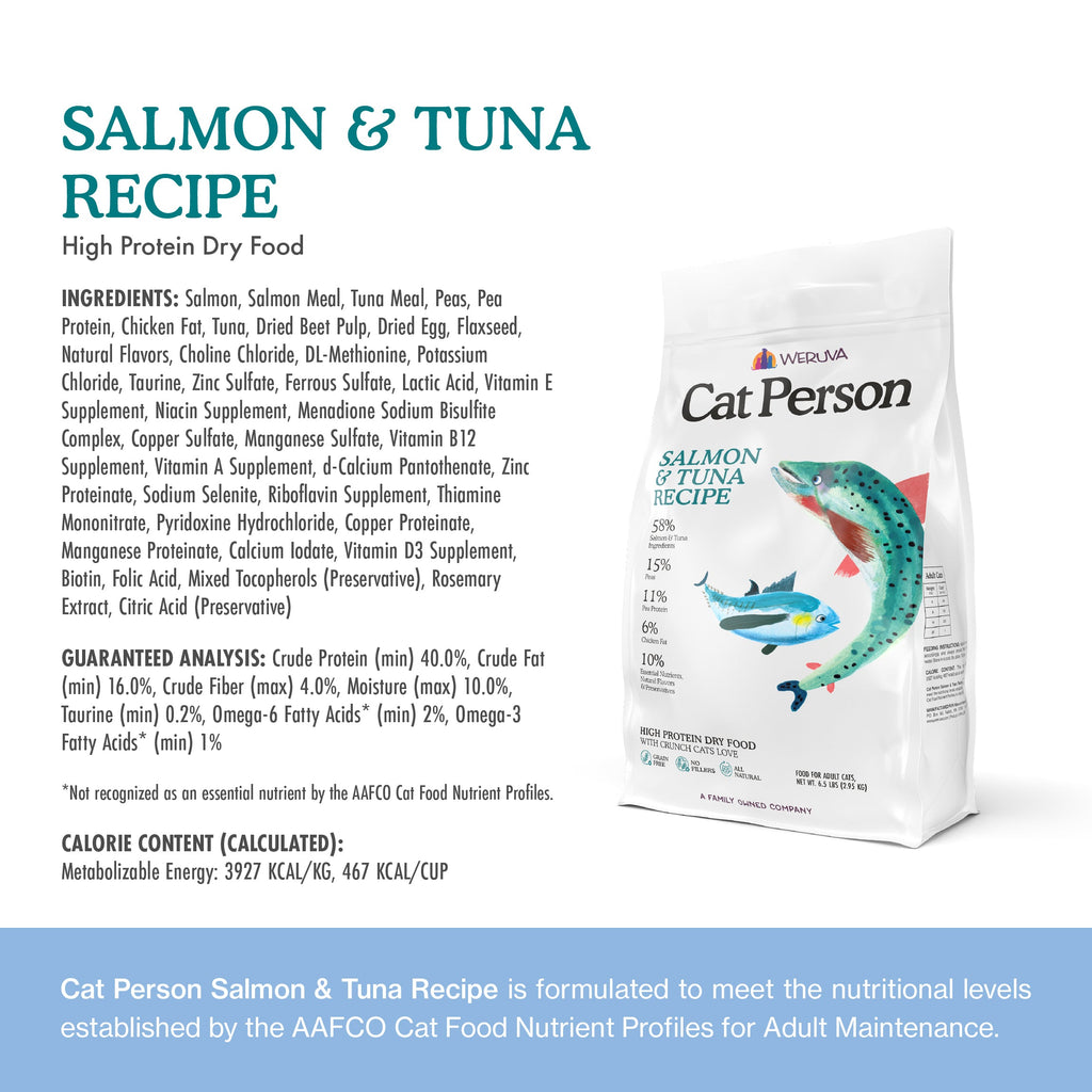 A bag of Cat Person Salmon & Tuna Dry Food appears on a white background, with ingredient and nutrition details beside it. The packaging displays illustrations of a cat, a fish, and a tuna.