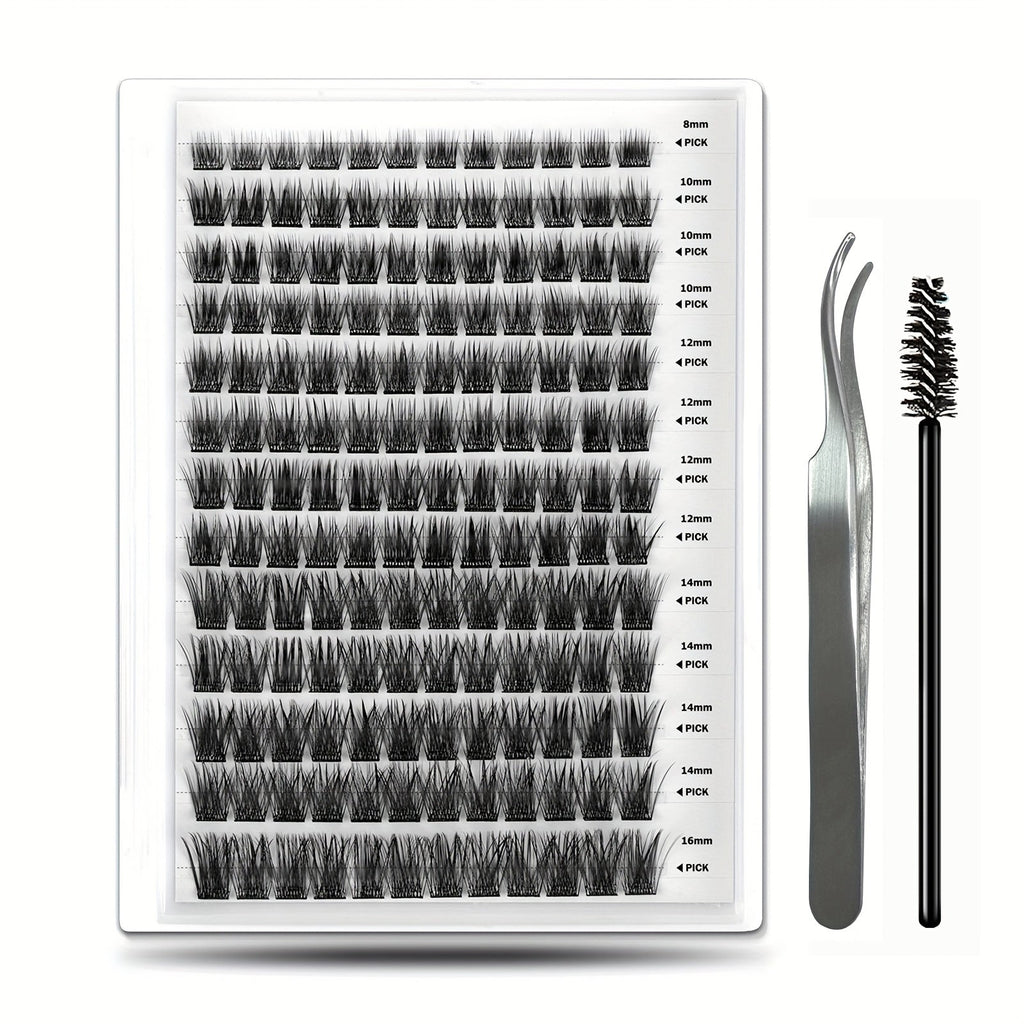 156-Piece Mixed Self-Adhesive Lash Cluster Tray with Black Tweezers and Spoolie Brush in Mixed Style