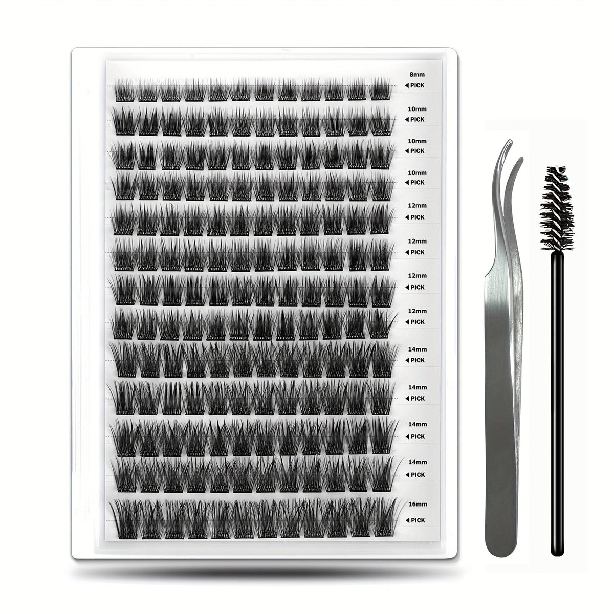 156-Piece Mixed Self-Adhesive Lash Cluster Tray with Black Tweezers and Spoolie Brush in Mixed Style