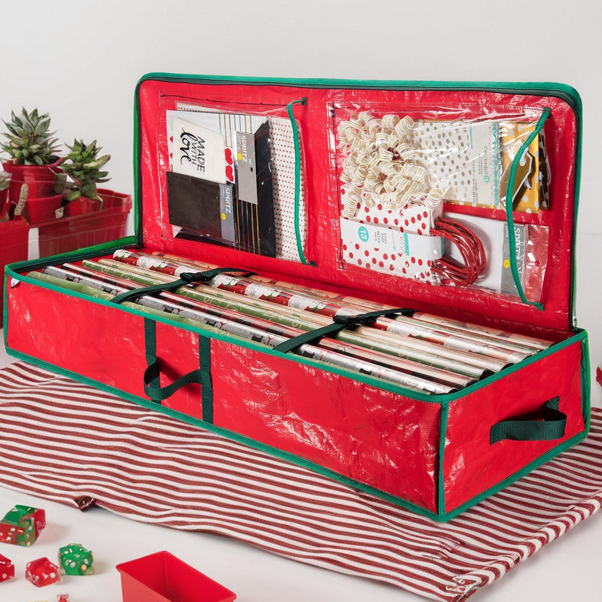 Storage Bag, 40-Inch Holiday Organizer in Red or Green with Zipper Closure, Interior Pockets, Handles and Adjustable Straps