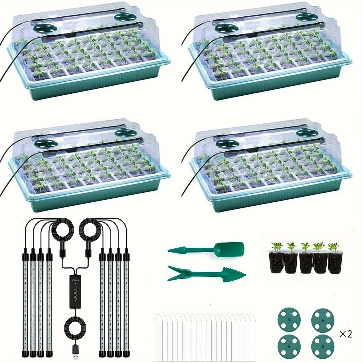 Seedling Starter Tray with Grow Light 4pcs 160-Cell, Adjustable Brightness & Timer, Humidity Dome