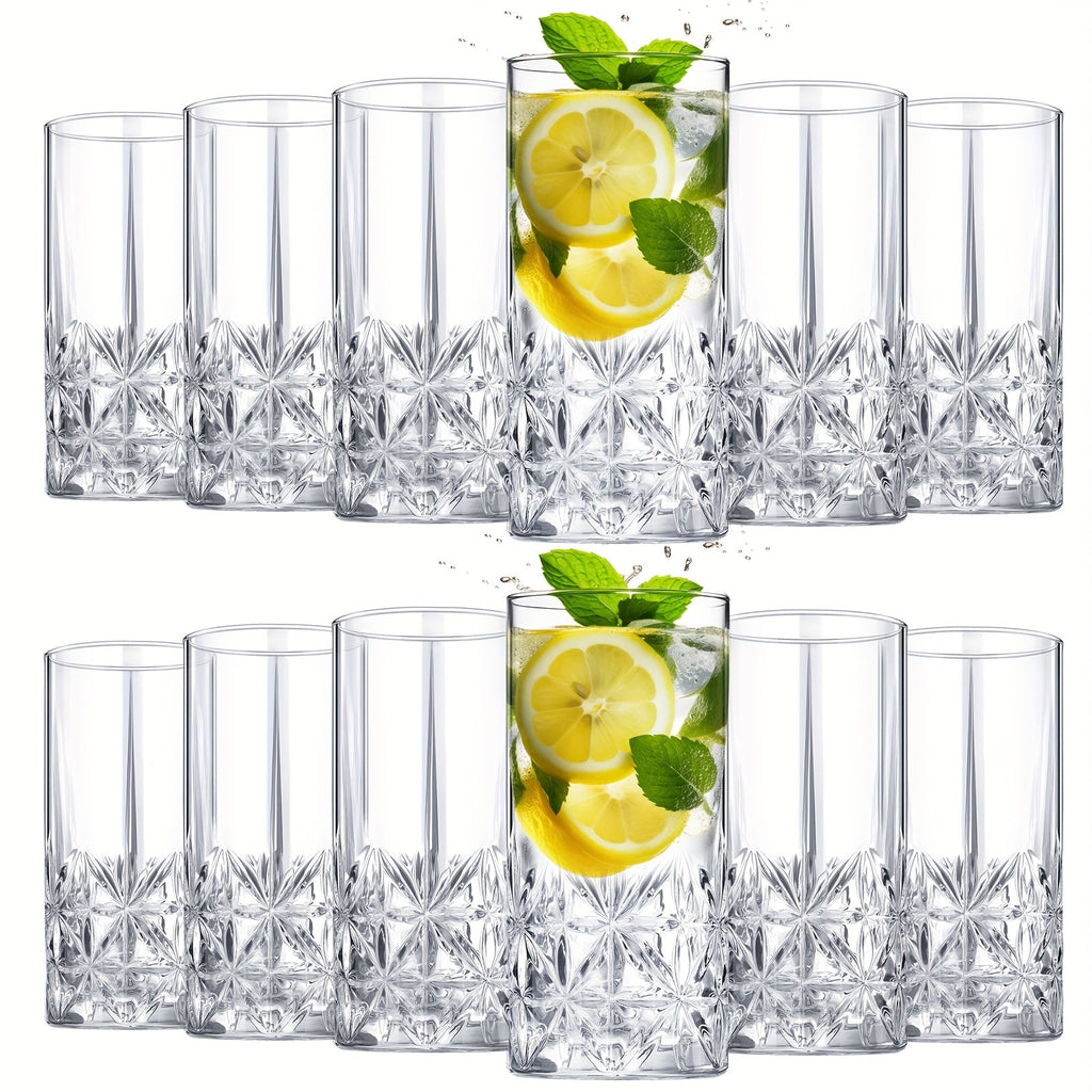 Highball Glasses Set of 12 – 12oz Crystal Clear Vintage Textured Tall Drinking Glasses, Dishwasher Safe Designer Glassware for Cocktail