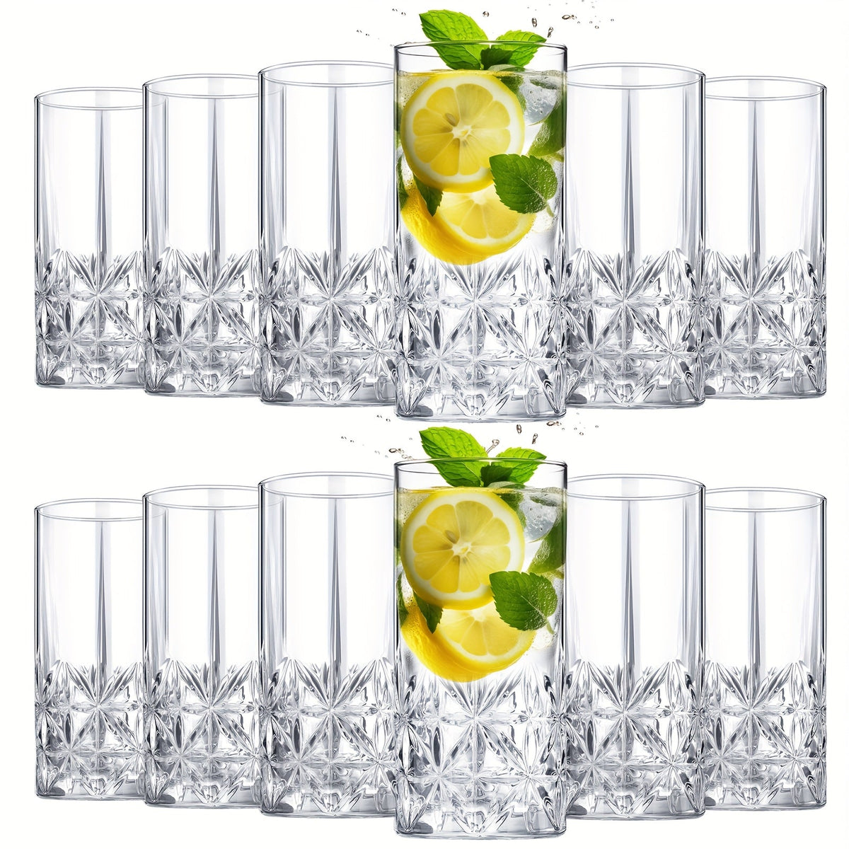 Highball Glasses Set of 12 – 12oz Crystal Clear Vintage Textured Tall Drinking Glasses, Dishwasher Safe Designer Glassware for Cocktail